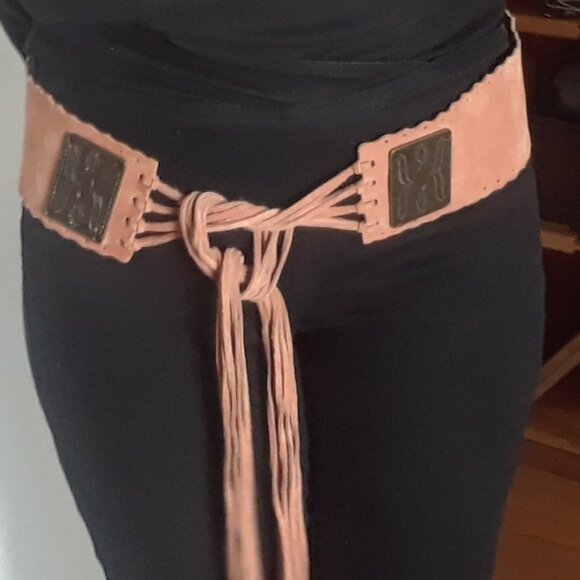 Genuine Suede Wide Boho Tie Hip Belt With Fringe and Bronze Medallions - Picture 3 of 14